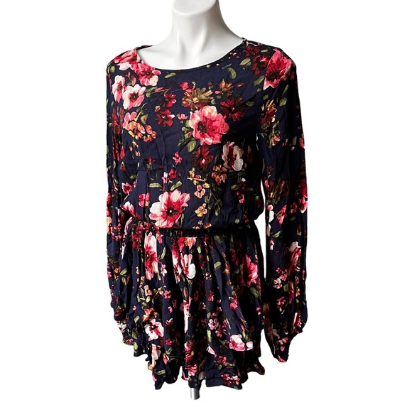NWT, BluIvy Navy Floral Tiered Ruffle Hem Cinch Waist Dress, sz S - Picture 8 of 12
